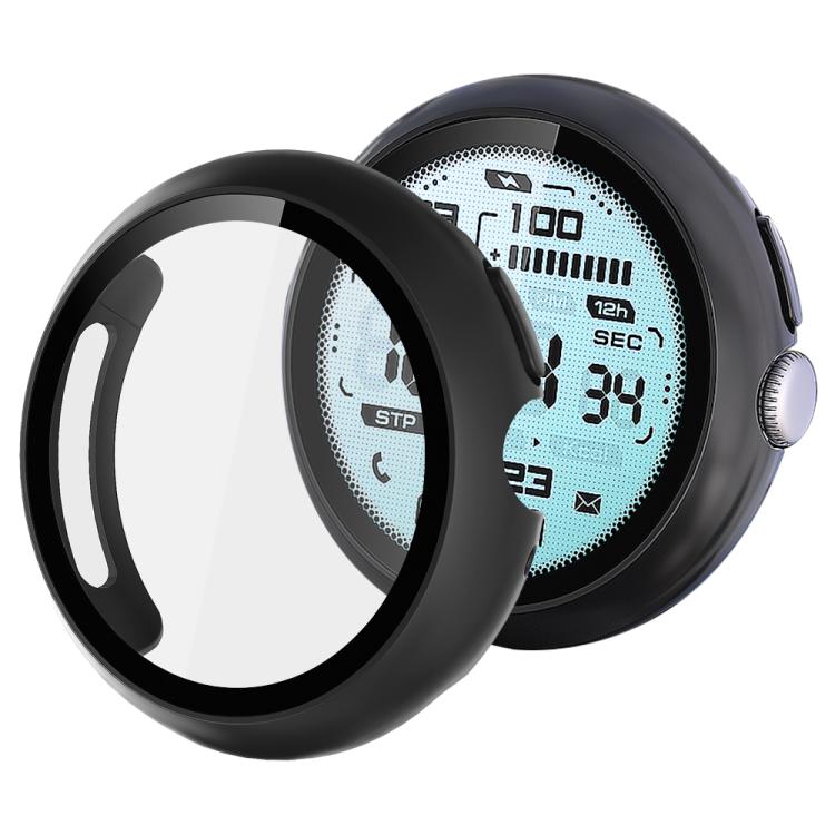 xDfind black watch protective cover with integrated screen protector, shown beside a smartwatch