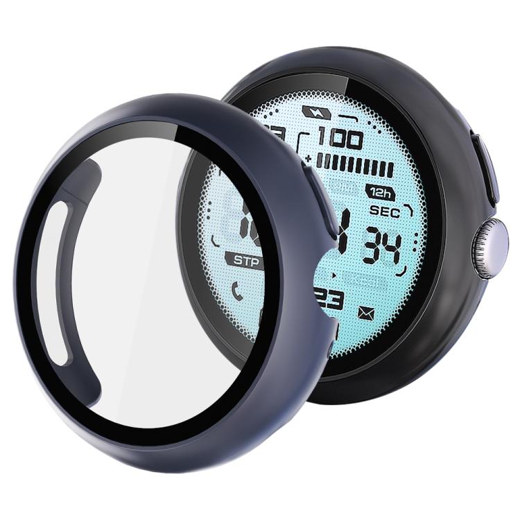 xDfind midnight blue watch protective cover with integrated screen protector, shown beside a smartwatch