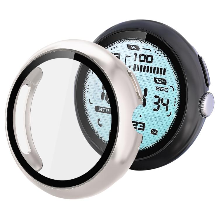 xDfind pale pink watch protective cover with integrated screen protector, shown beside a smartwatch