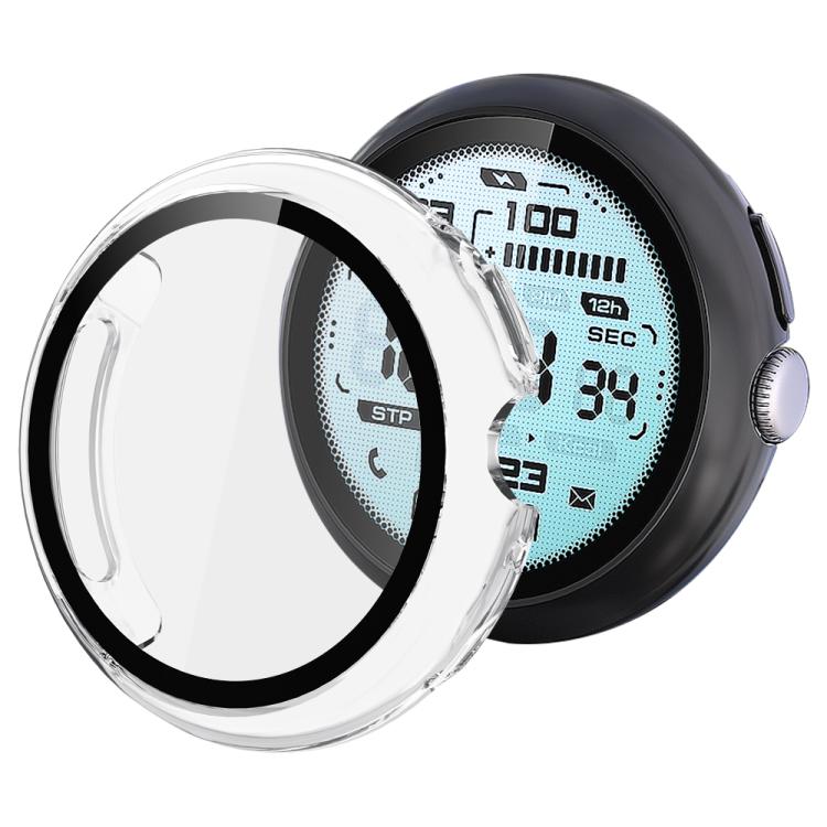 xDfind clear watch protective cover with integrated screen protector, shown beside a smartwatch
