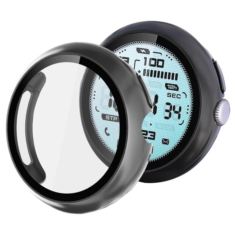 xDfind dark gray watch protective cover with integrated screen protector, shown beside a smartwatch