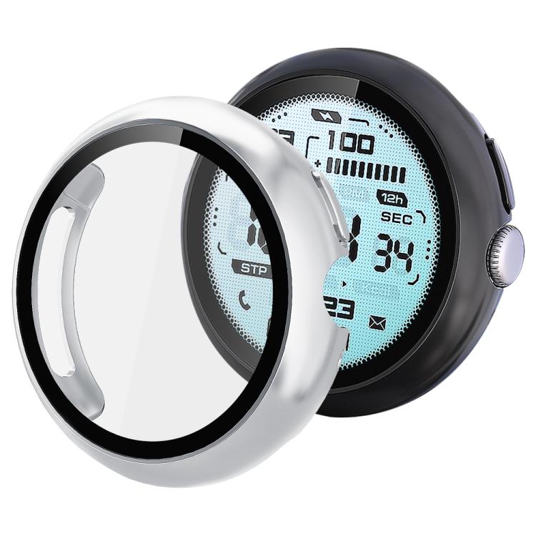Silver smartwatch protective cover with clear screen protector and black inner rim