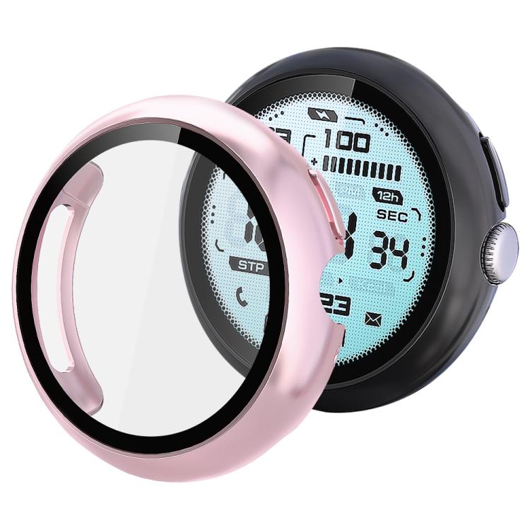 Pink smartwatch protective cover with clear screen protector and black inner rim