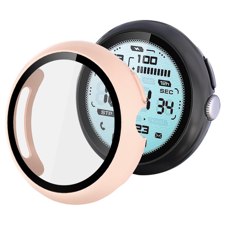 Sand pink smartwatch protective cover with clear screen protector and black inner rim