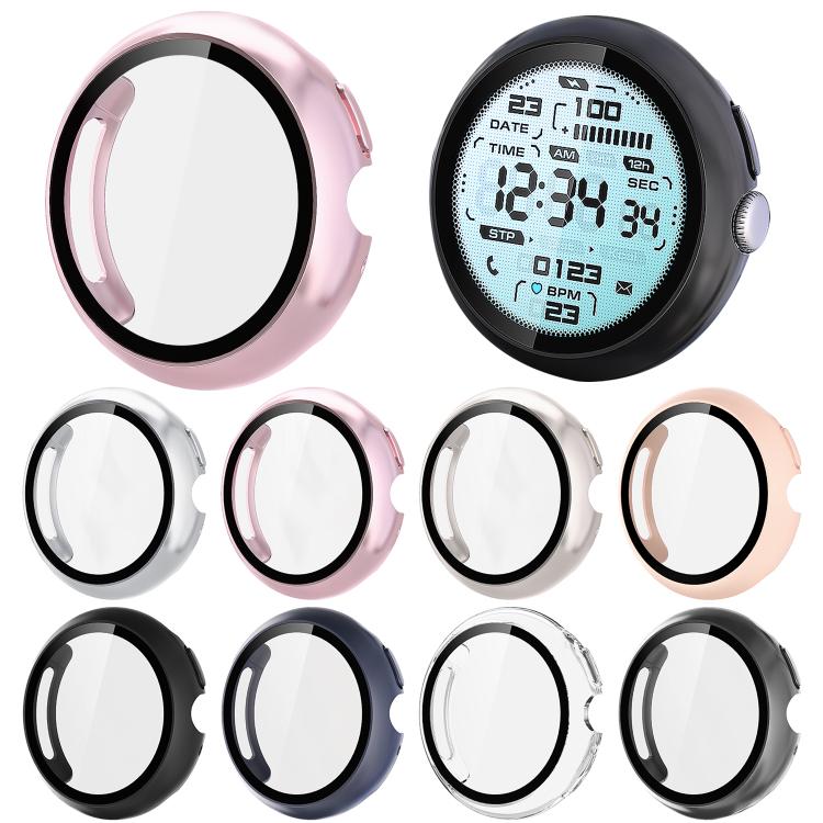 Smartwatch protective cover shown in several colors, including clear, with screen protector