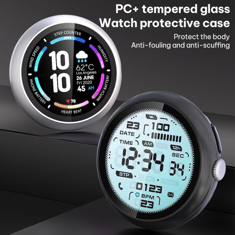 Round black PC watch case with tempered glass screen protector shown in two finishes