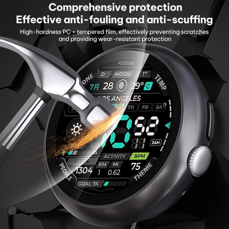 Black round watch case with tempered glass screen protector resisting a hammer strike