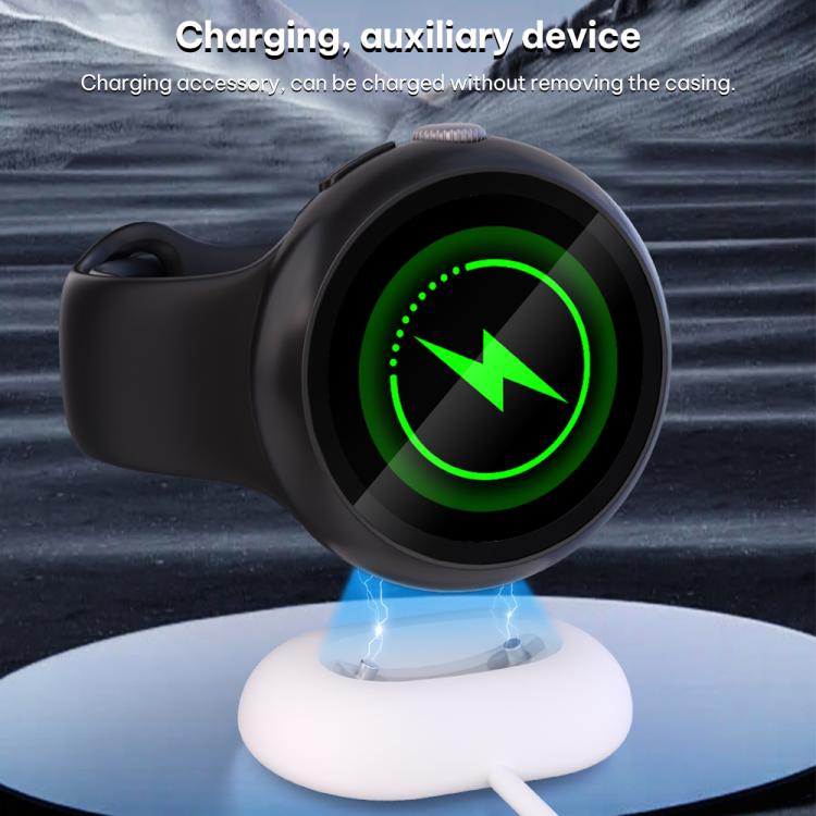 Black round watch case shown on a smartwatch during wireless charging