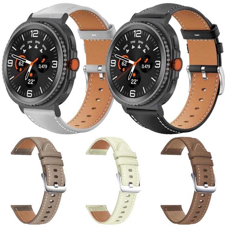 Vegan leather watch bands in black, gray, brown, and cream, shown on watches and separately.