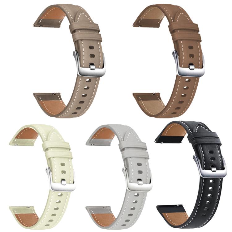 Five vegan leather watch bands in taupe, brown, cream, gray, and black with silver buckles.