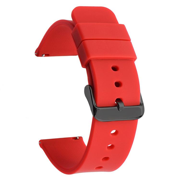 Bright red silicone watch band with black pin buckle and adjustment holes