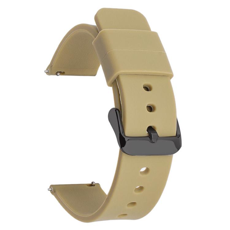 Beige silicone watch band with black pin buckle and adjustment holes