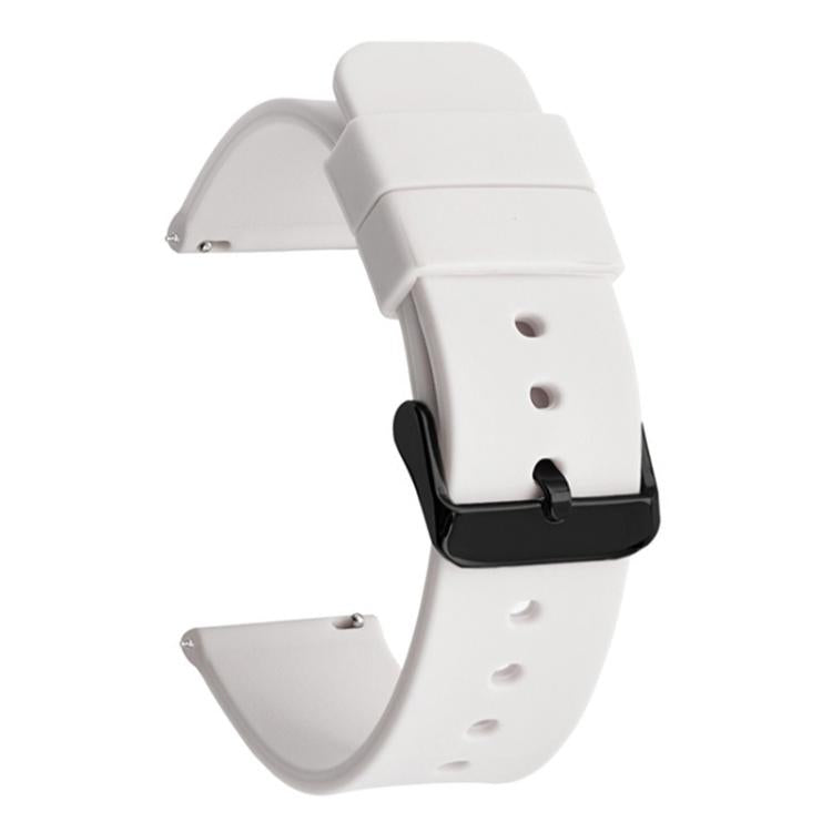 White silicone watch band with black pin buckle and adjustment holes
