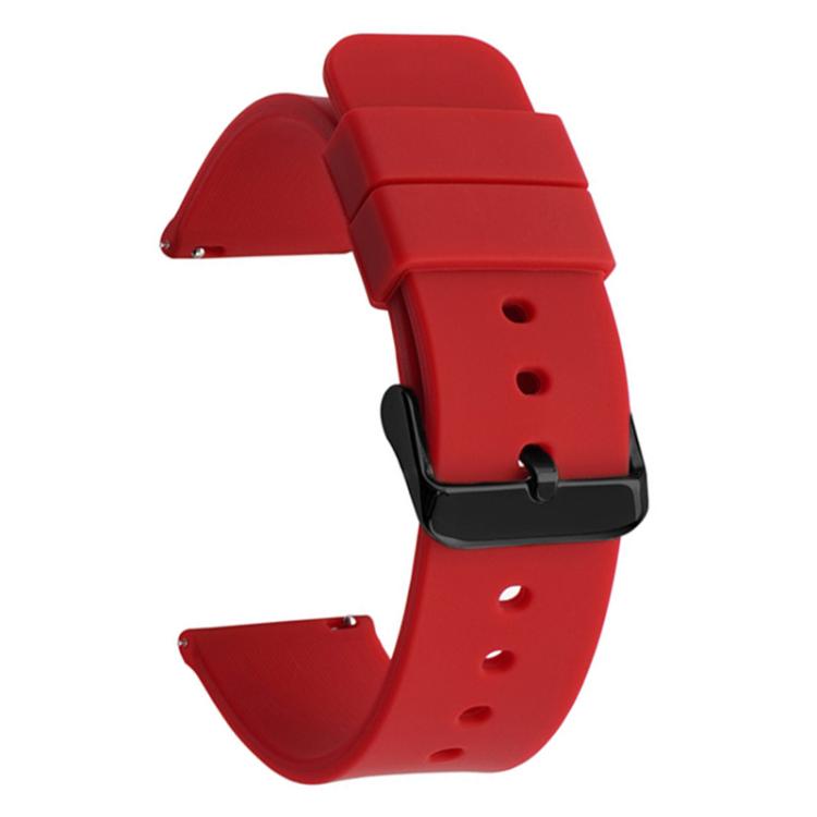 Red silicone watch band with black pin buckle and adjustment holes