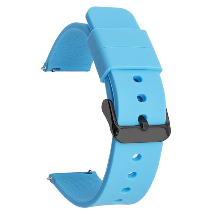 Bright blue silicone watch band with black pin buckle and adjustment holes