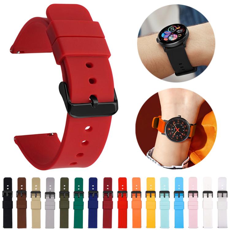 Red silicone watch band shown with wrist examples and a color range