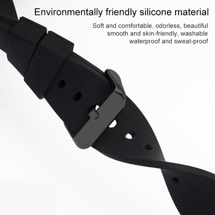 Black silicone watch band with stainless steel pin buckle and adjustment holes