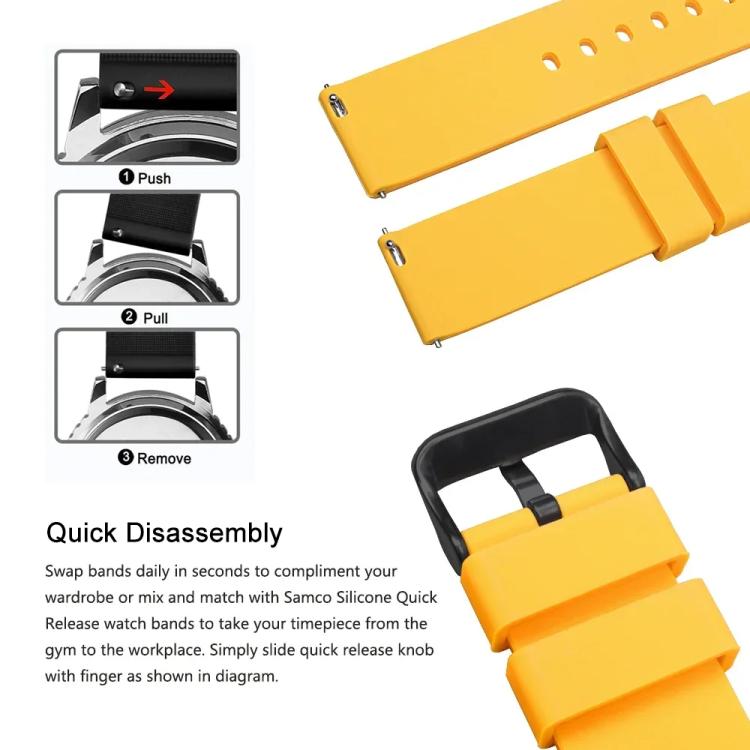 Yellow silicone watch band with quick-release connectors and black pin buckle