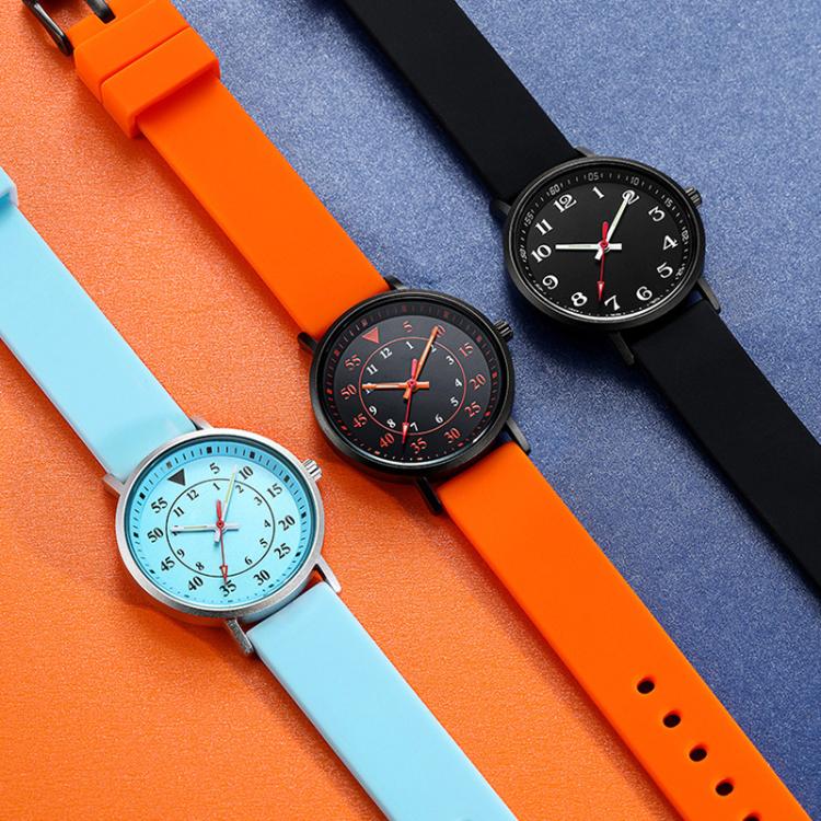 Orange, light blue, and black silicone watch bands shown on watches