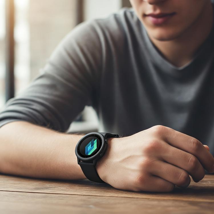 Black silicone watch band worn on a round smartwatch