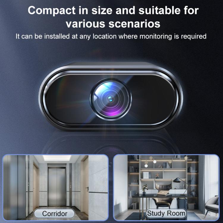 Mini smart WiFi camera front with wide-angle lens in dark metal housing