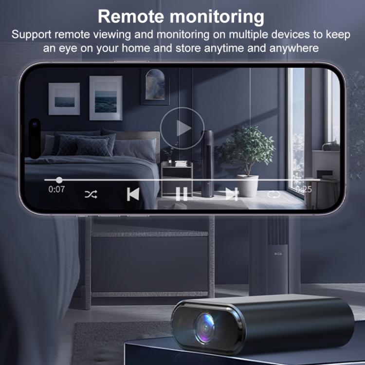 Mini smart WiFi security camera with front lens in dark cylindrical body