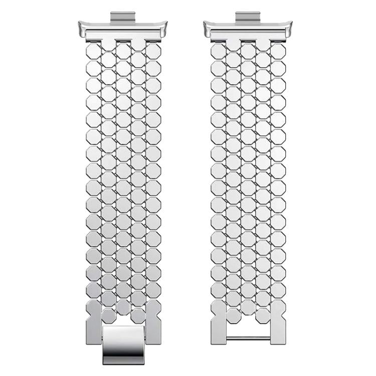 Silver stainless steel fish-scale watch band shown as two separate strap halves
