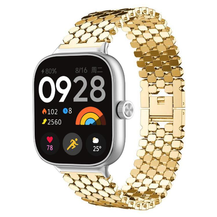 Gold stainless steel fish-scale watch band shown on a smartwatch