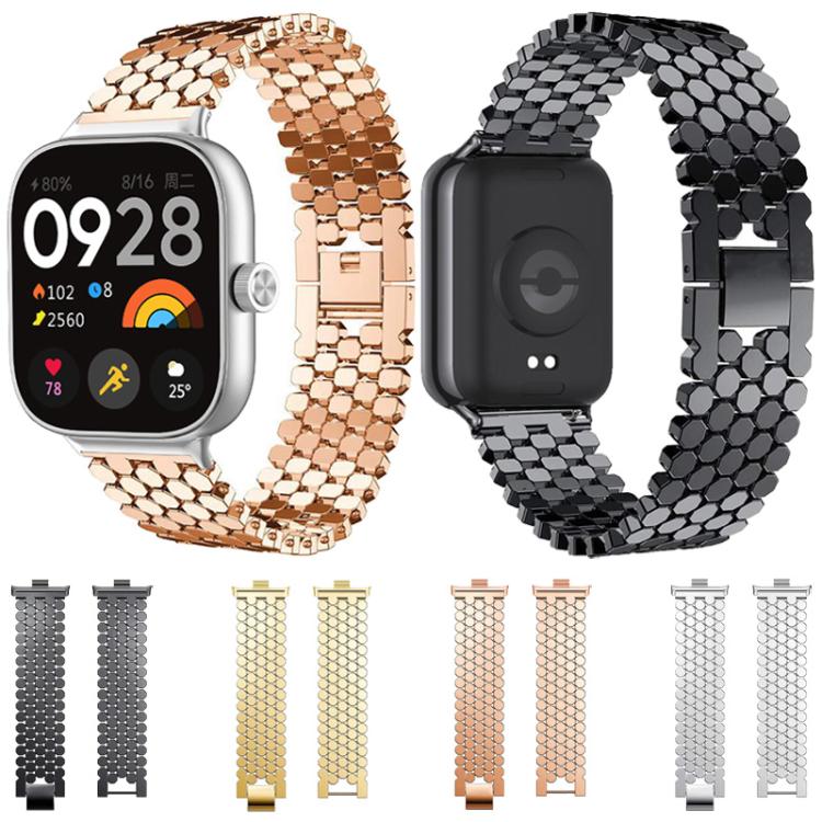 Fish-scale stainless steel watch bands in rose gold and black, with other colors shown below