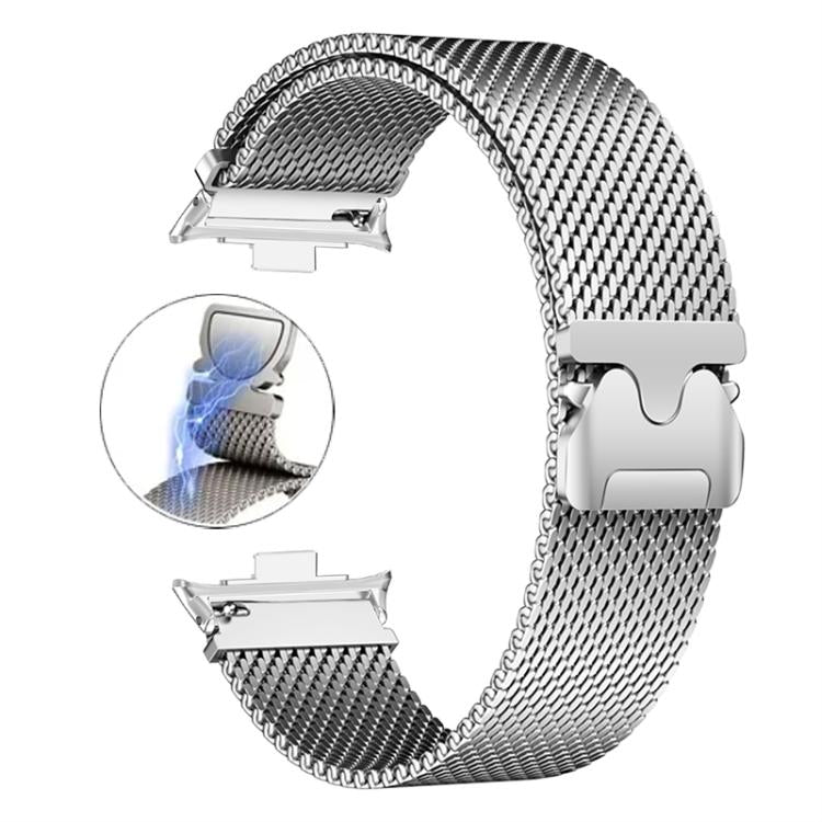 Silver stainless steel Milanese watch band with a magnetic clasp and watch connectors