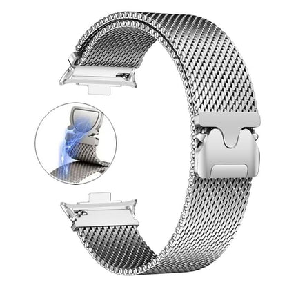 Silver stainless steel Milanese watch band with a magnetic clasp and watch connectors
