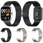 Black mesh watch band shown on a smartwatch, with black, champagne, and silver band options