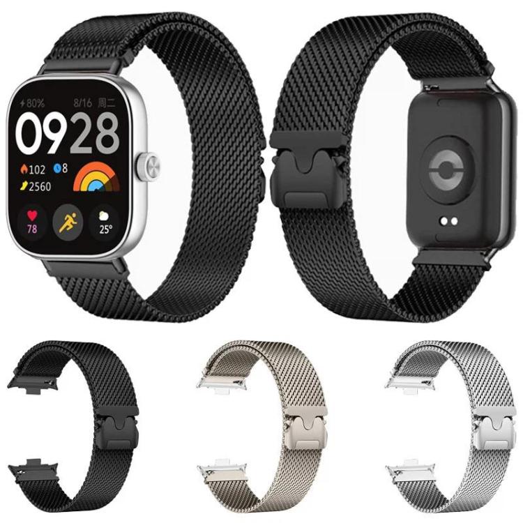 Black mesh watch band shown on a smartwatch, with black, champagne, and silver band options