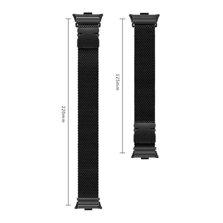 Black mesh watch band shown in two lengths, 220 mm and 125 mm