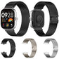 Smartwatch with black Milanese mesh band, shown from front and back with color options