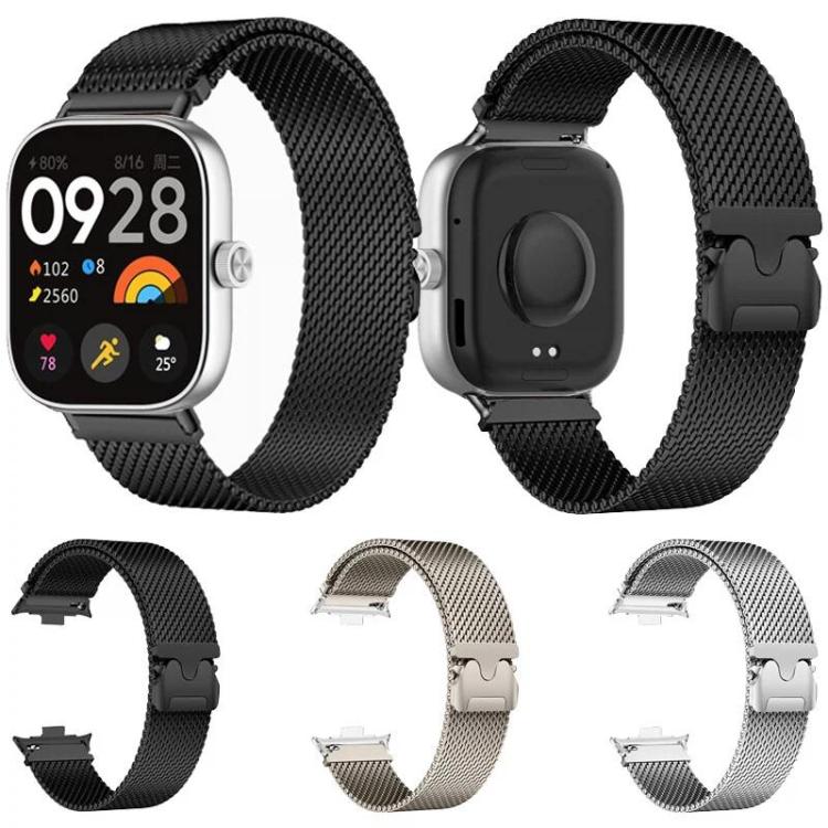 Smartwatch with black Milanese mesh band, shown from front and back with color options