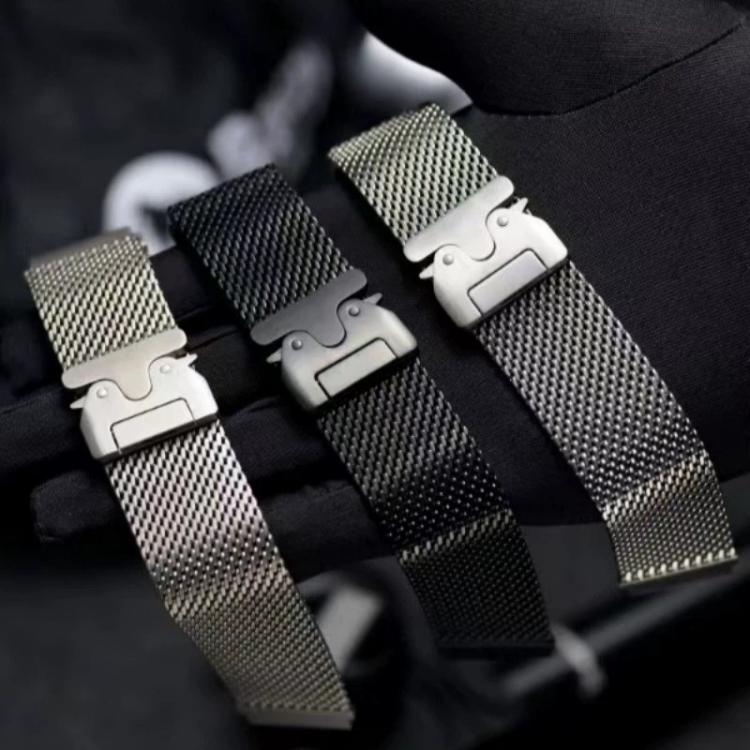 Three Milanese mesh watch bands in silver, black, and champagne with magnetic buckles