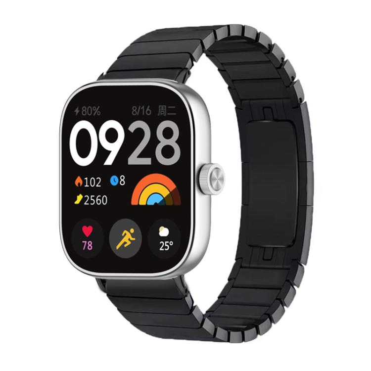 Black stainless steel smartwatch band with wide links, shown on a square smartwatch.
