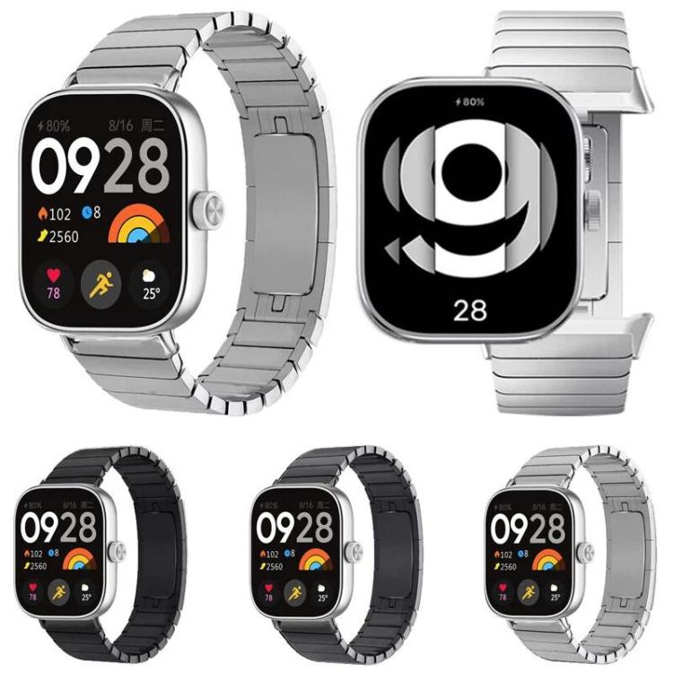 Stainless steel smartwatch band shown in silver and black finishes on square watches.