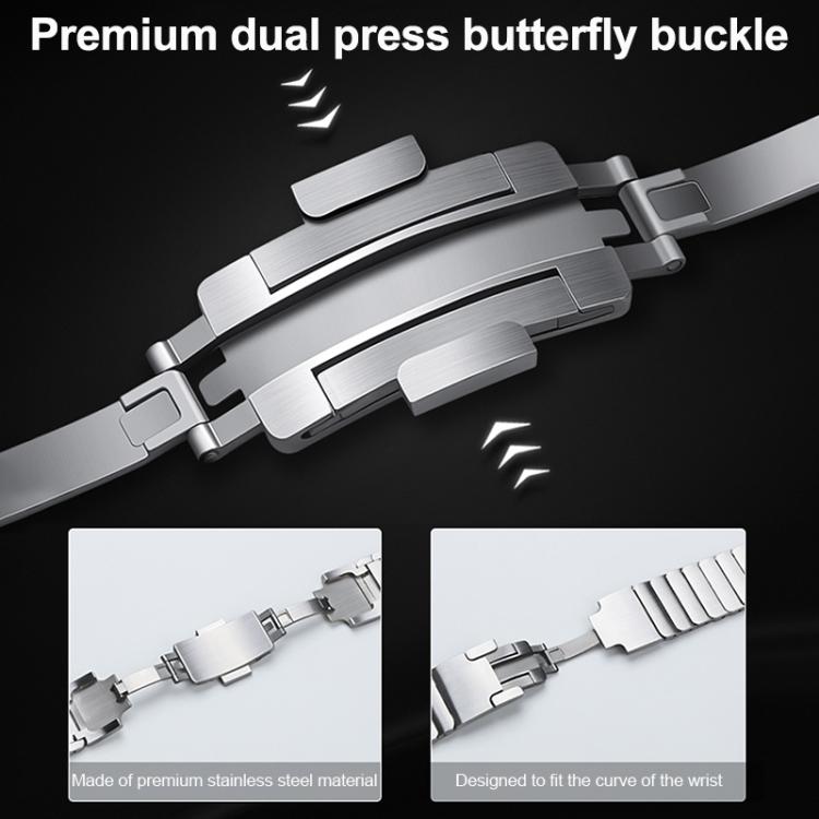 Stainless steel smartwatch band with a close-up of its dual-press butterfly clasp.