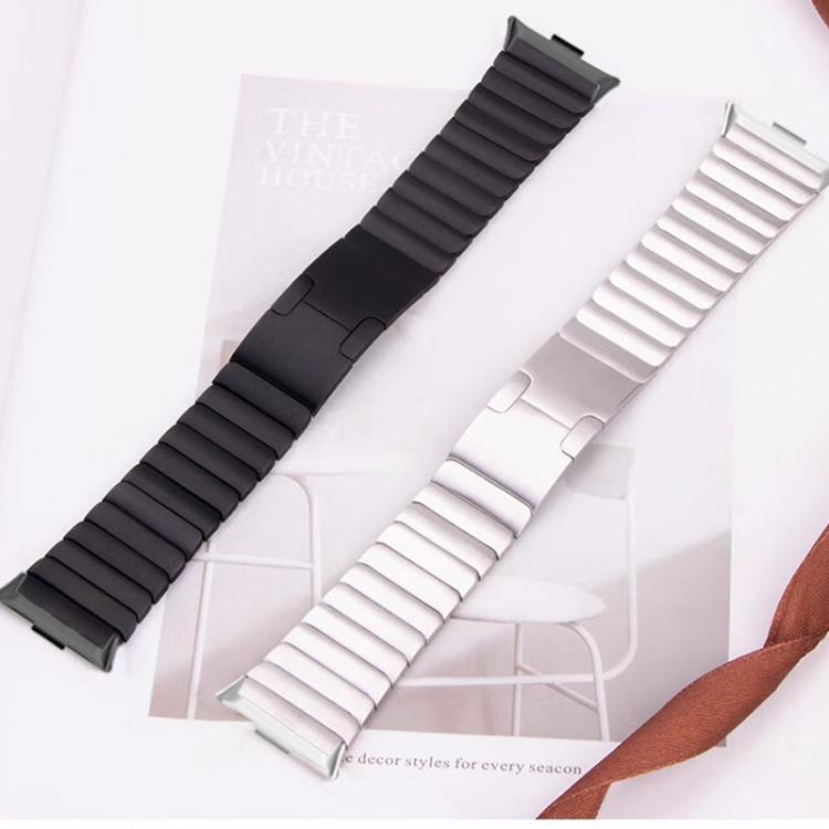Open black and silver stainless steel smartwatch bands with segmented links.