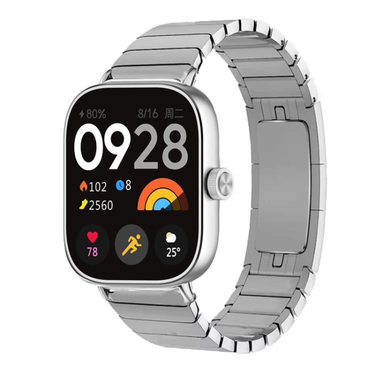 Silver titanium alloy watch band with linked bracelet and butterfly clasp, fitted to a square smartwatch.