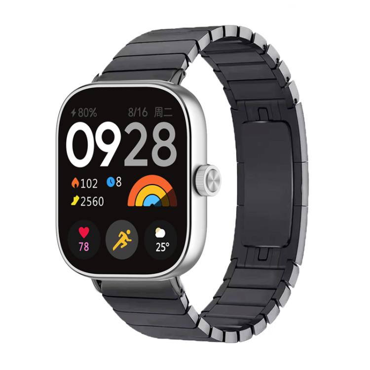 Dark gray titanium alloy watch band with linked bracelet and butterfly clasp on a square smartwatch.