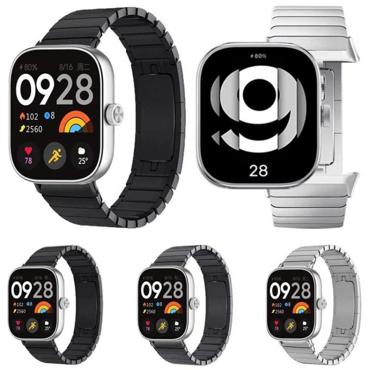 Black and silver linked titanium alloy watch bands shown fitted to square smartwatches.
