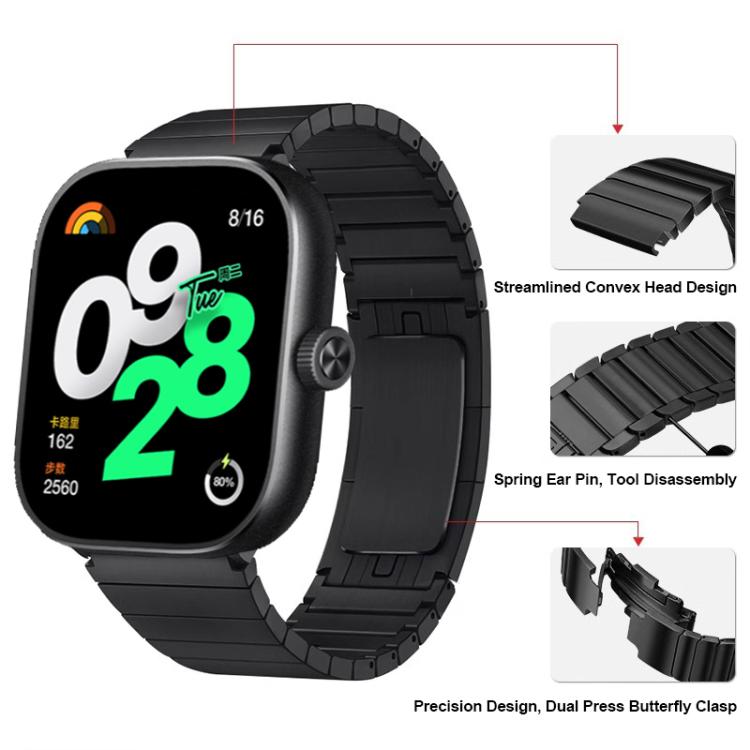 Black titanium alloy watch band with convex links, spring-pin ends, and a dual-press butterfly clasp.