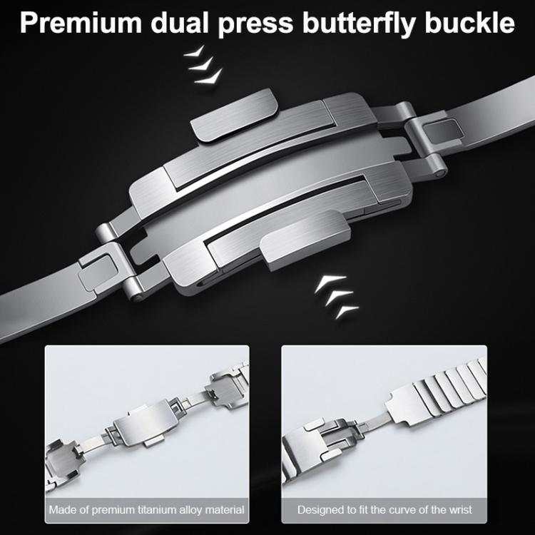 Titanium alloy watch band with a dual-press butterfly clasp shown open and closed.
