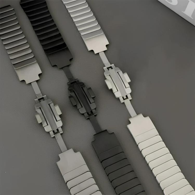 Three linked titanium alloy watch bands in gray, black, and silver with butterfly clasps.