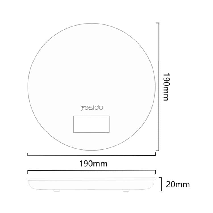 Round electronic kitchen scale size diagram showing 190mm diameter and 19mm thickness