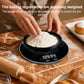 Black smart kitchen electronic scale holding a bowl of flour on top surface