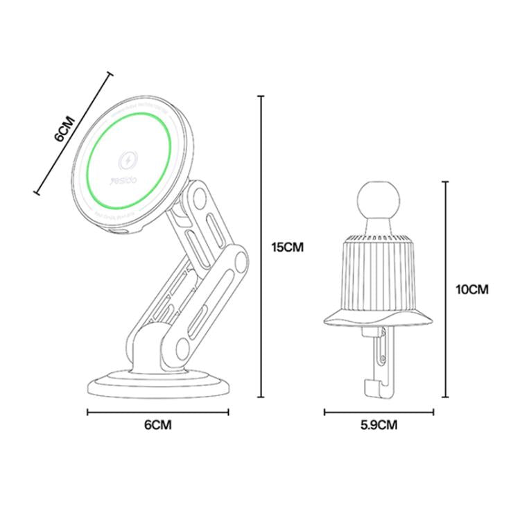Black wireless car charger holder with circular pad; size diagram for mount and base